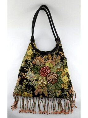 Vintage Prezzo Floral Tapestry Sequin Emplished Fringe Beaded Festival Bag